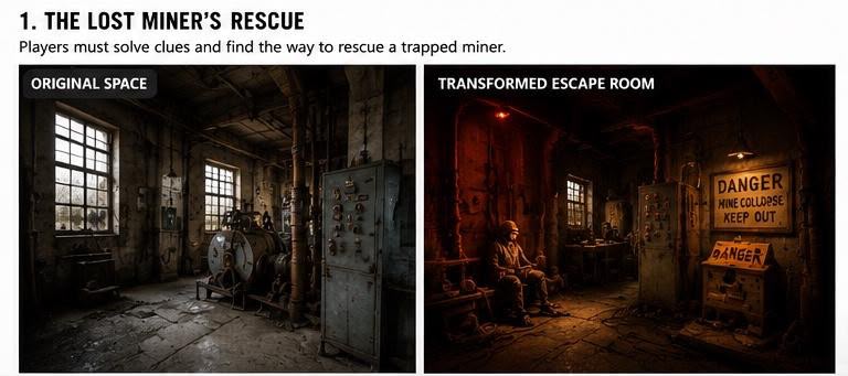 The Lost Miner's Rescue — side-by-side comparison of original machine room and transformed escape room with danger signs and emergency lighting
